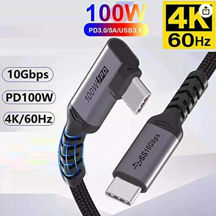 USB C ケーブル、E-Mark 直角 5A 100W Gen2 10Gbps 4K 60HZ USB 3.1 Type-C ケーブル　（3メートル）