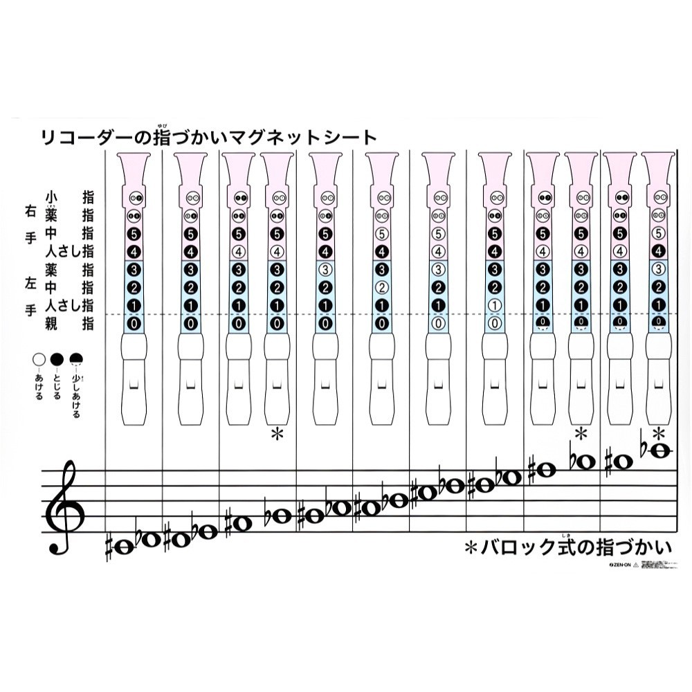 全音 ZRM-6B リコーダーの指づかい 全音階+派生音 指導用マグネット