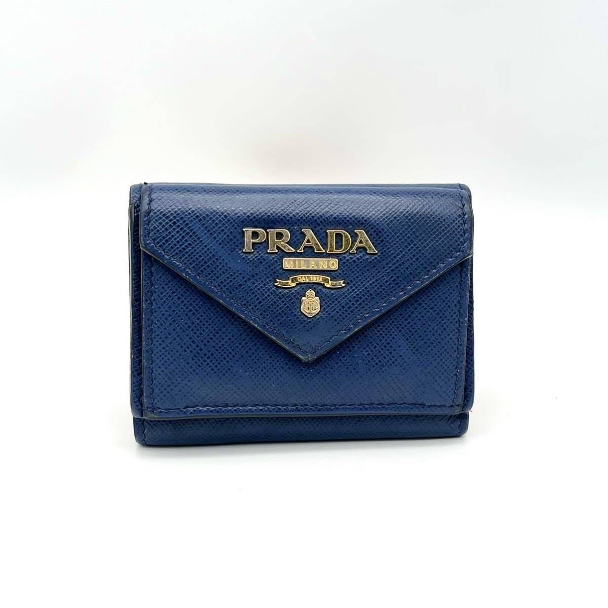 箱付 PRADA プラダ1MH021 3つ折り財布 コンパクトウォレット 青-