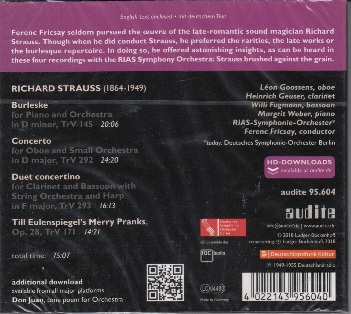[CD/Audite]R.シュトラウス:交響詩「ティル・オイレンシュピーゲルの愉快ないたずら」Op.28他/F.フリッチャイ&RIAS交響楽団 1952.2.11他_画像2
