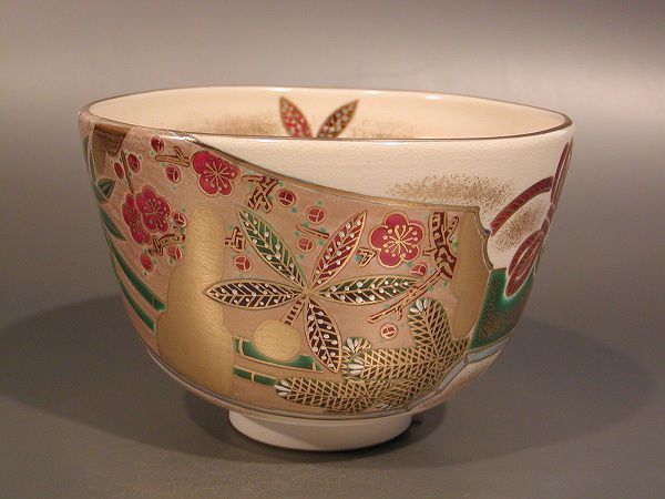 茶道具 抹茶茶碗 色絵 羽子板はごいた画、京都 相模竜泉作、桐共箱