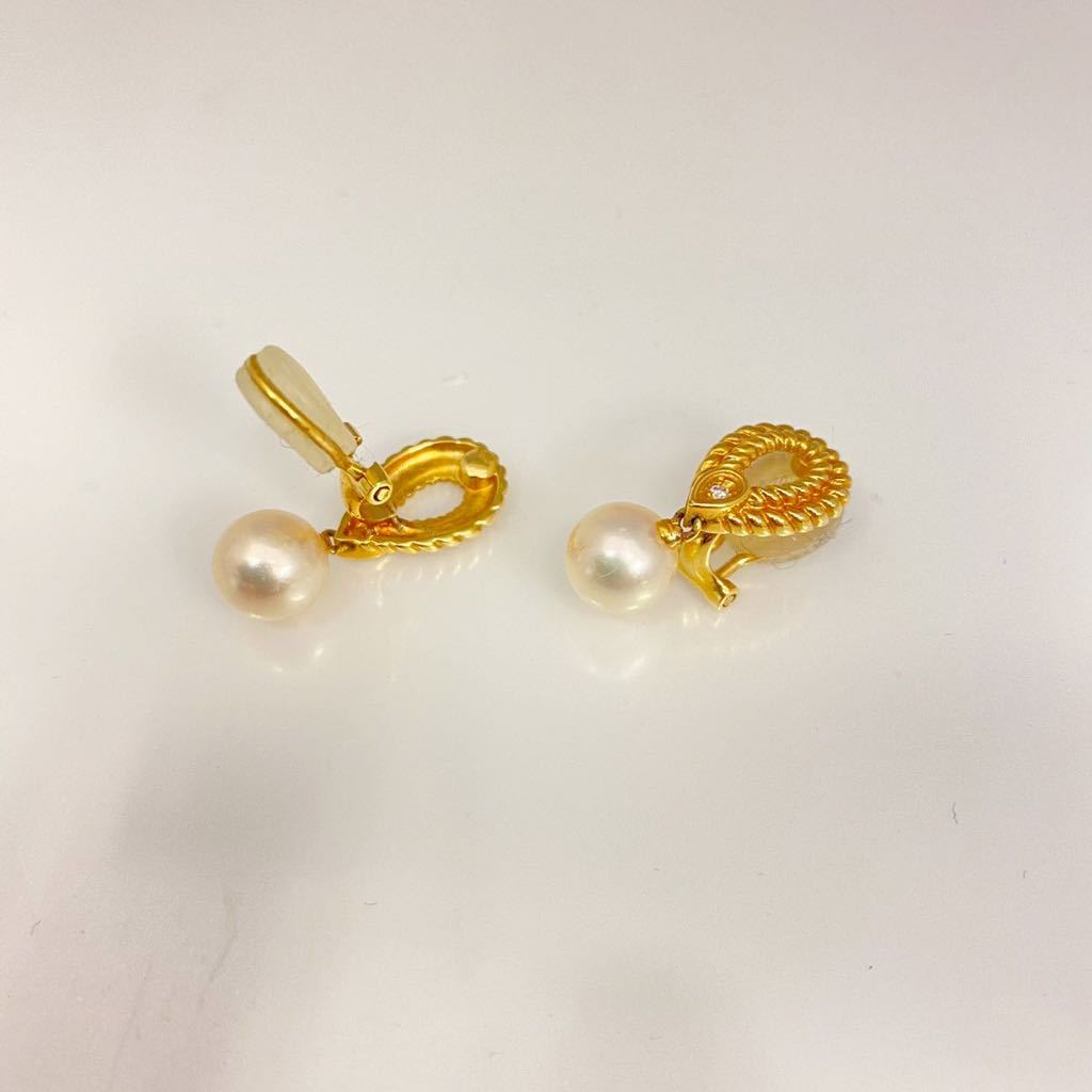美品 K18 あこや真珠 ダイヤ イヤリング 天然あこや 上質 本真珠 7.8mm