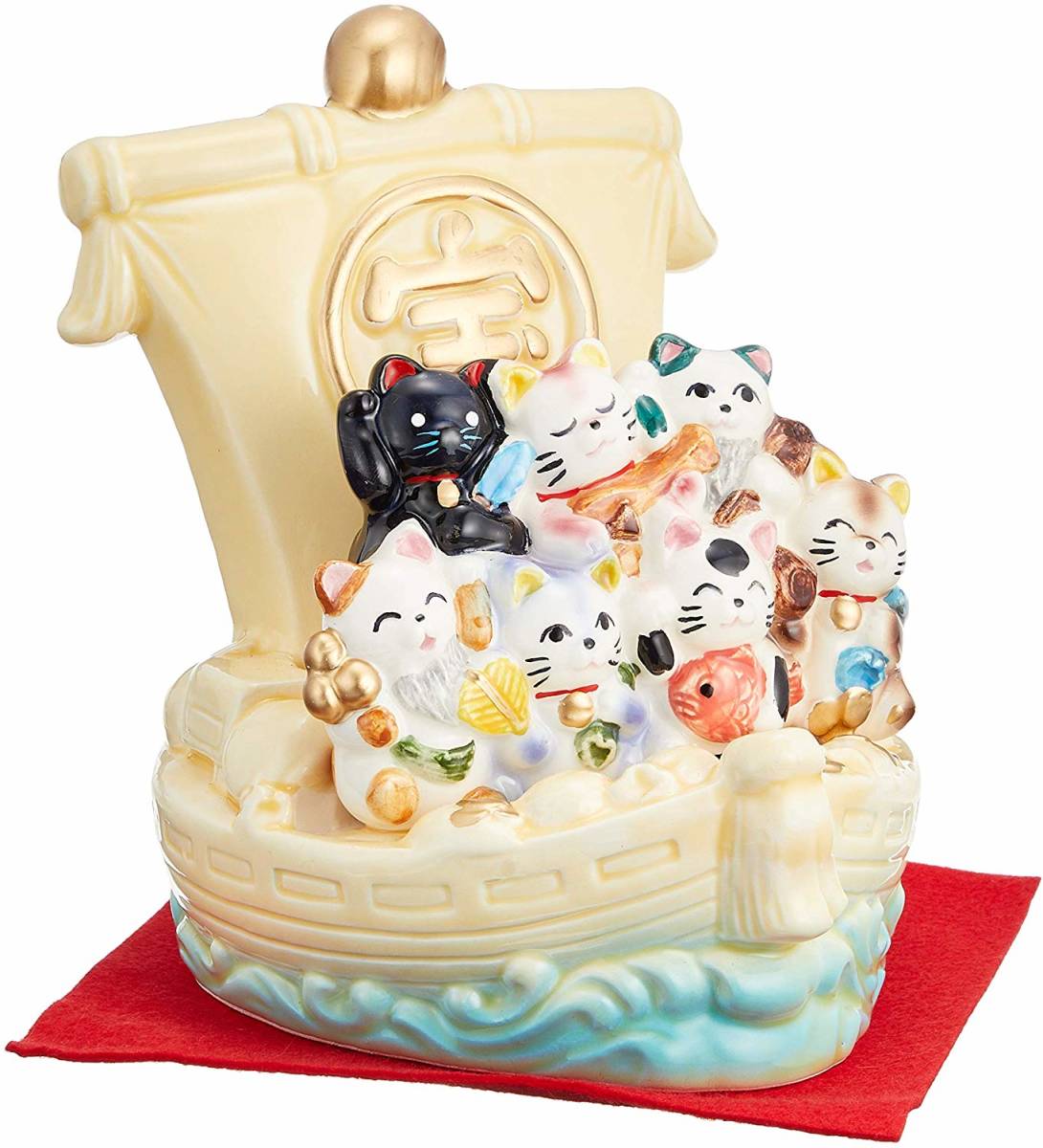 新品 七福猫 宝船 縁起物 開運 招き猫 陶器 瀬戸焼 置物 置き物 開店祝い 新築祝い 14×14×16.5cm