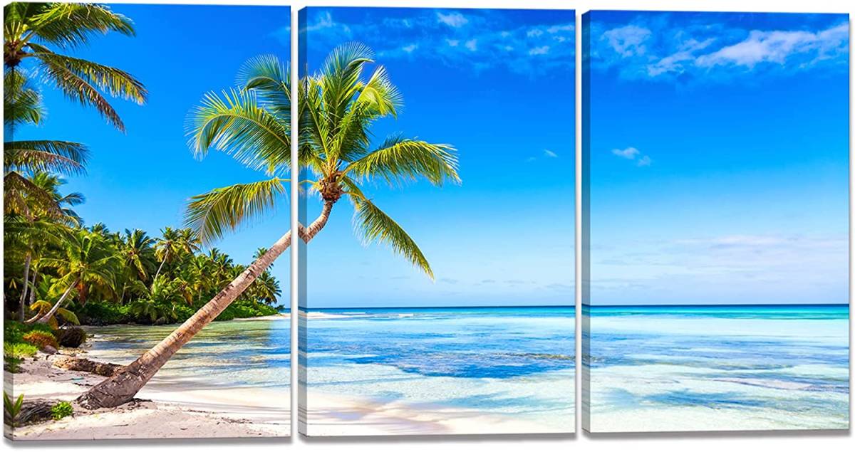 3枚セット 新品 アートパネル アートポスター 海 海岸 波 砂浜 ビーチ ヤシの木 キャンバス画 現代アート 絵 壁掛け インテリア 絵画_画像1