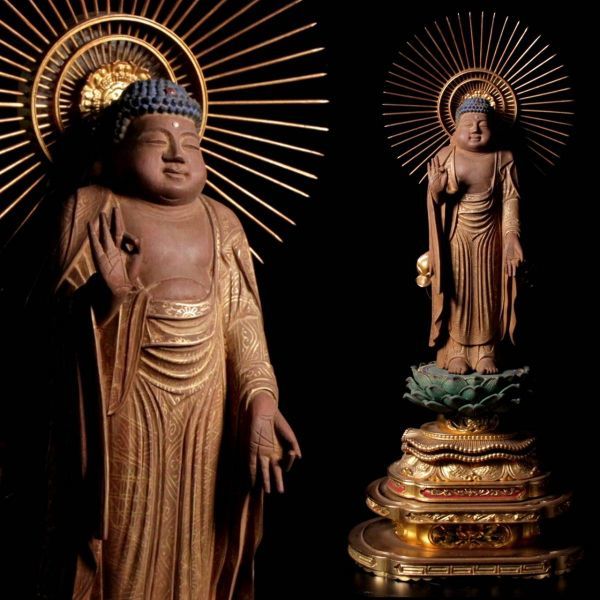 。◆錵◆2 仏教美術 木彫 阿弥陀如来像 56cm 截金 細密細工 仏像唐物骨董 [V25]SS/22.6廻/IT/(160)