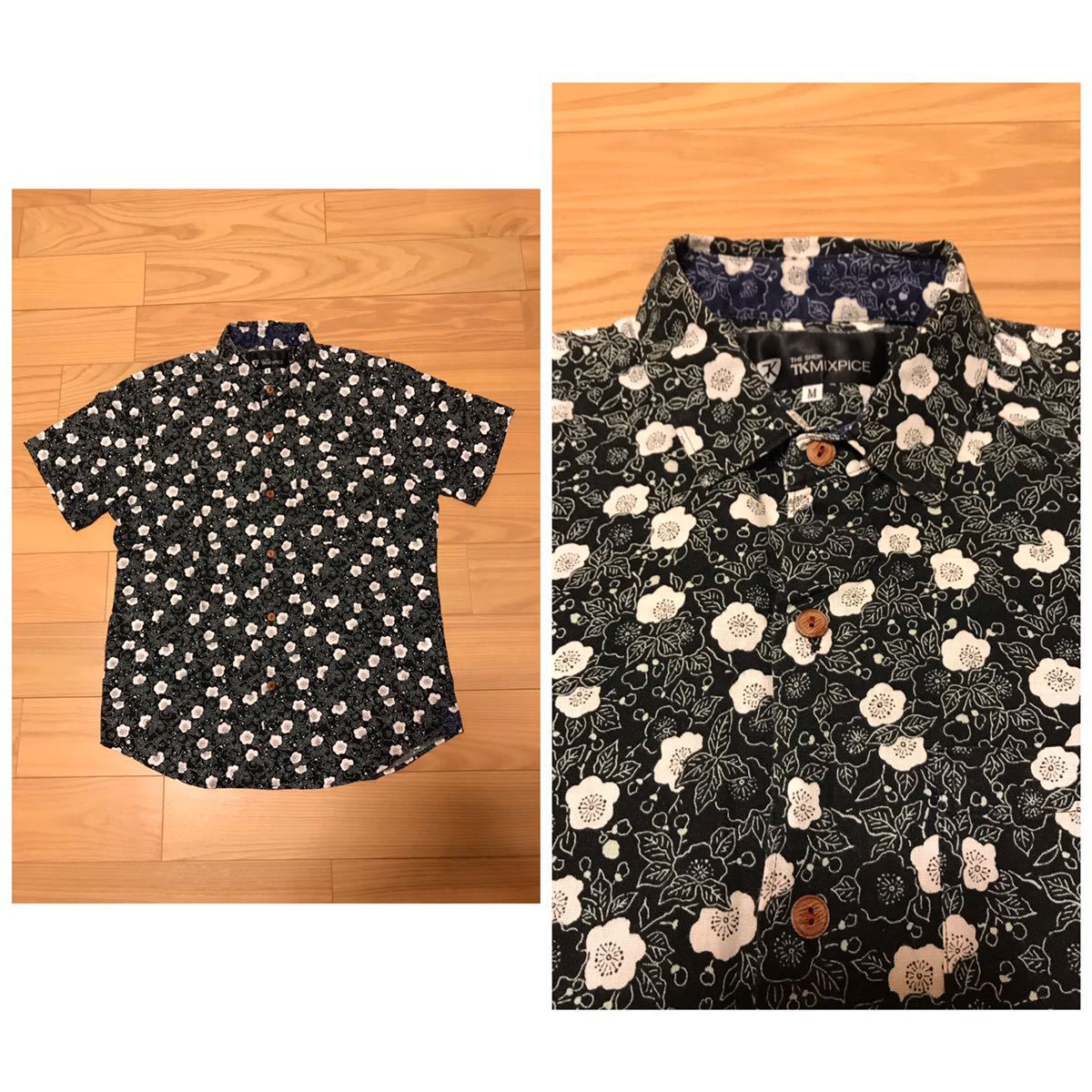  superior article *TK| Takeo Kikuchi size M small eyes peace pattern * short sleeves shirt bamboo button use plum? Sakura? leaf total pattern thin made in Japan Japanese pattern Shirt//aro is, Polo 