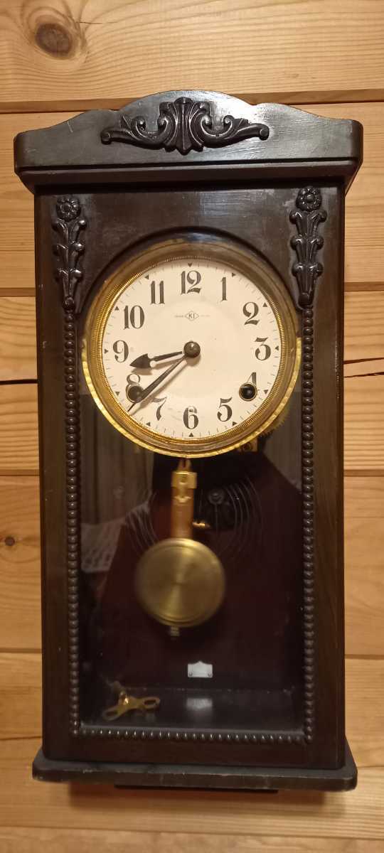 昭和のゼンマイ柱時計、状態良好で好調稼働の掛け時計、前面全体ガラス
