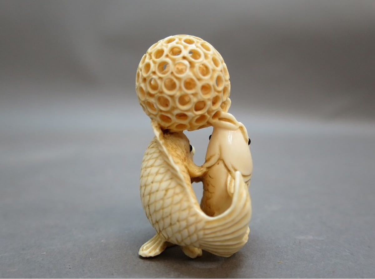 古美術 マンモス 根付 松山 銘 netsuke 骨董 骨董品 彫刻 鯉 珍品
