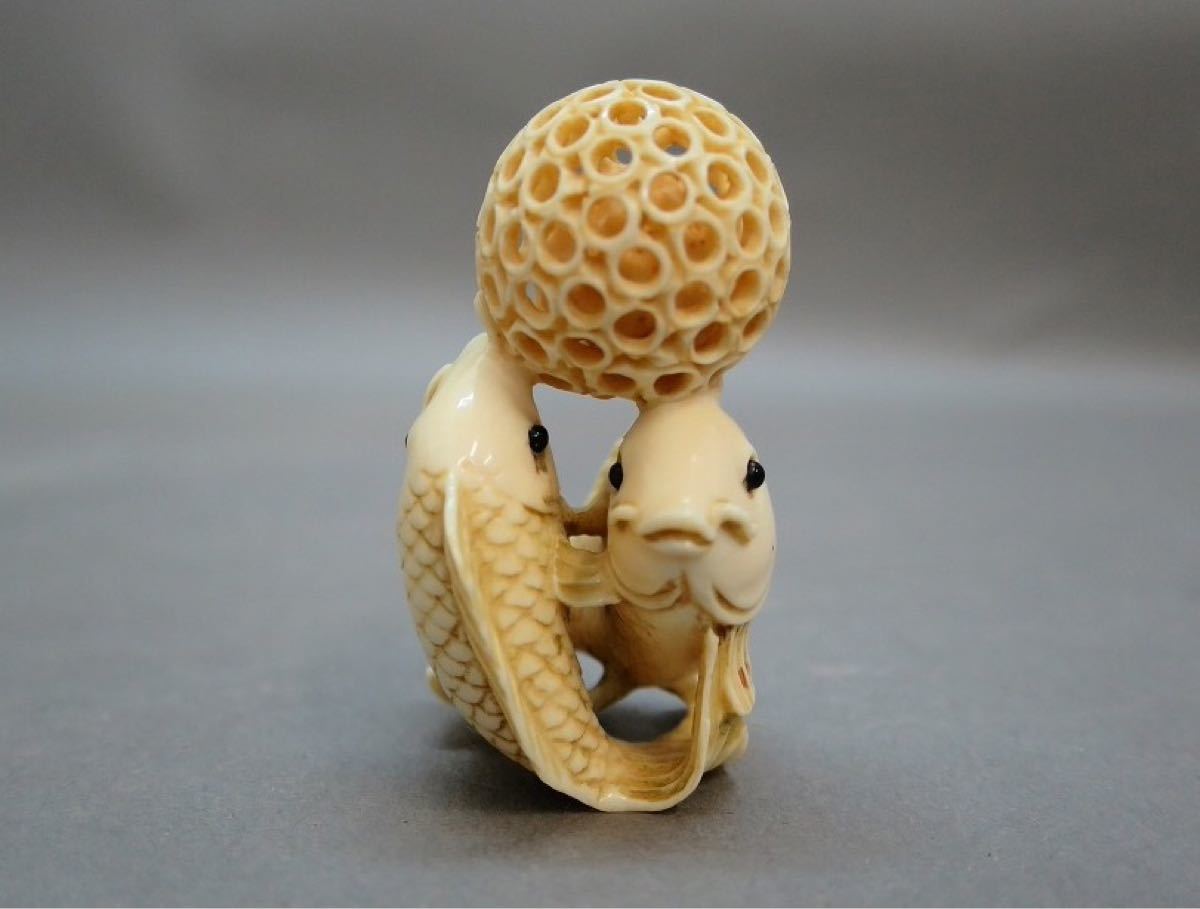 古美術 マンモス 根付 松山 銘 netsuke 骨董 骨董品 彫刻 鯉 珍品