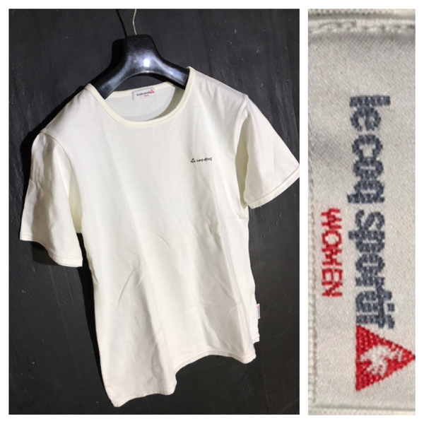 le coq sportif WOMEN ルコックスポルティフ ウィメン デサント チェック柄 デカロゴプリント 大プリント 半袖 Ｔシャツ 白 ホワイト L_画像1