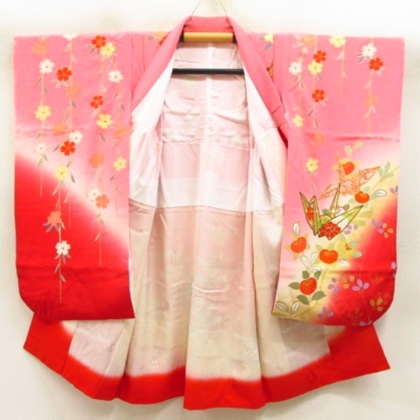 * kimono 10* 1 jpy silk child kimono The Seven-Five-Three Festival for girl 3 -years old for gold paint folding crane . bokashi underskirt set . length 98cm.50.5cm [ including in a package possible ] ****