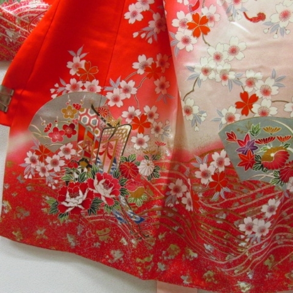 * kimono 10* 1 jpy silk child kimono The Seven-Five-Three Festival for girl 3 -years old for . place car ground paper Sakura .. leaf underskirt set . length 97cm.46.5cm [ including in a package possible ] ***