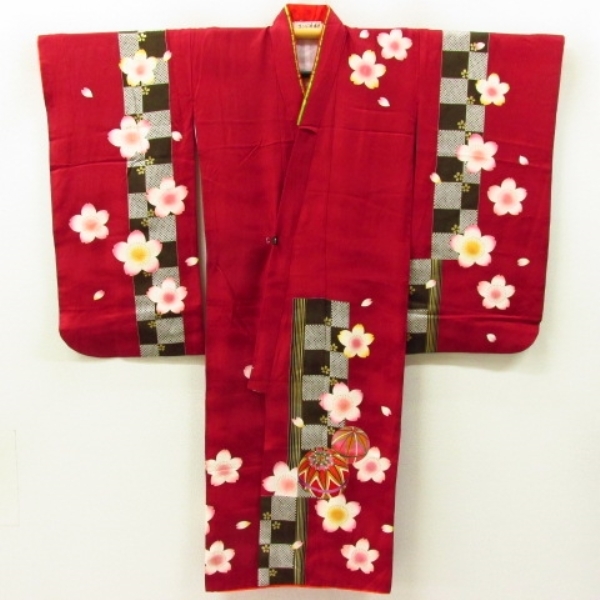 * kimono 10* 1 jpy silk child kimono Junior for for girl Sakura . city pine deer. .. length 131cm.58cm [ including in a package possible ] **