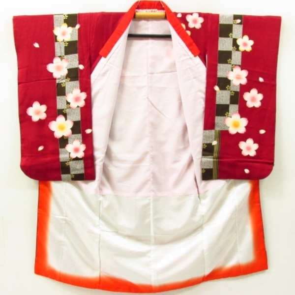 * kimono 10* 1 jpy silk child kimono Junior for for girl Sakura . city pine deer. .. length 131cm.58cm [ including in a package possible ] **