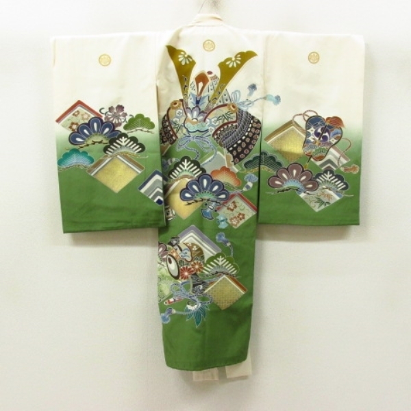 * кимоно 10* 1 иен шелк ребенок кимоно производство надеты для мальчика золотая краска шлем сосна .. расческа нижняя рубашка комплект . длина 97cm.46cm [ включение в покупку возможно ] **