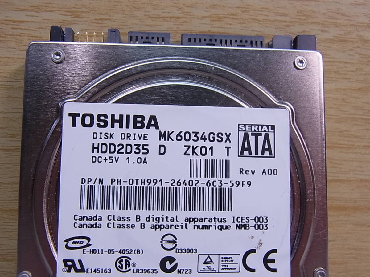 △E/127●東芝 TOSHIBA☆2.5インチHDD(ハードディスク)☆60GB SATA II 5400rpm☆MK6034GSX☆中古品_画像2