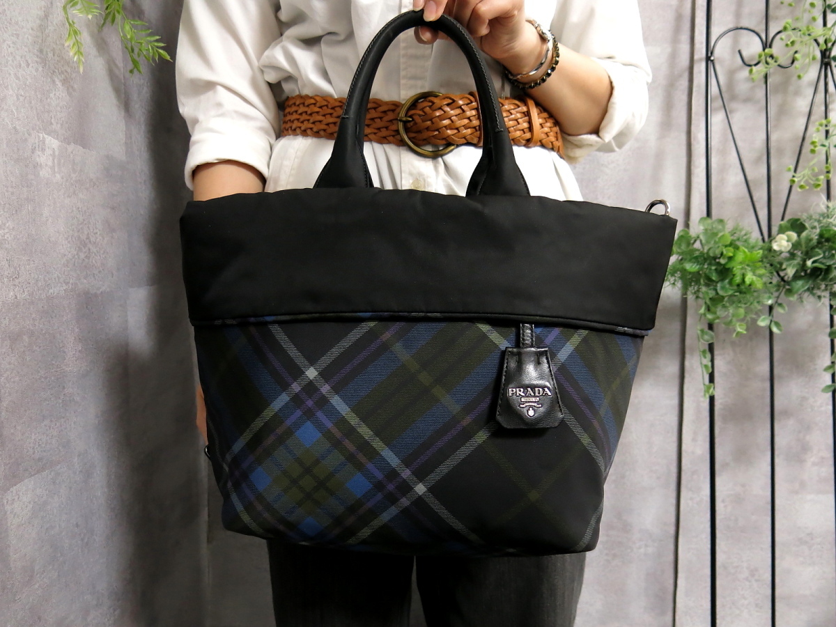 ○超美品○PRADA プラダ○チェック柄○ポコノ ナイロン カーフ レザー
