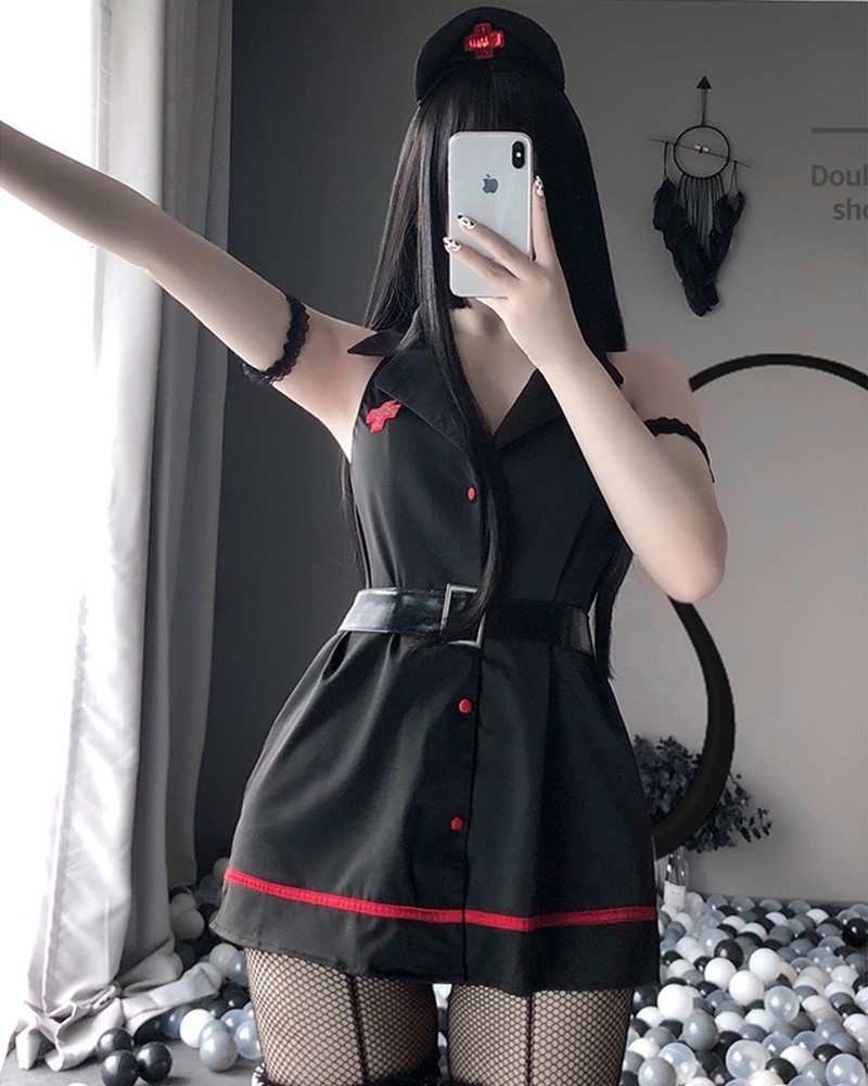 超SEXY 可愛い ナース服セット 背中見せ ミニ丈ワンピース コスチューム コスプレ衣装 制服 看護師 看護婦 /ブラック ZCL679_画像2