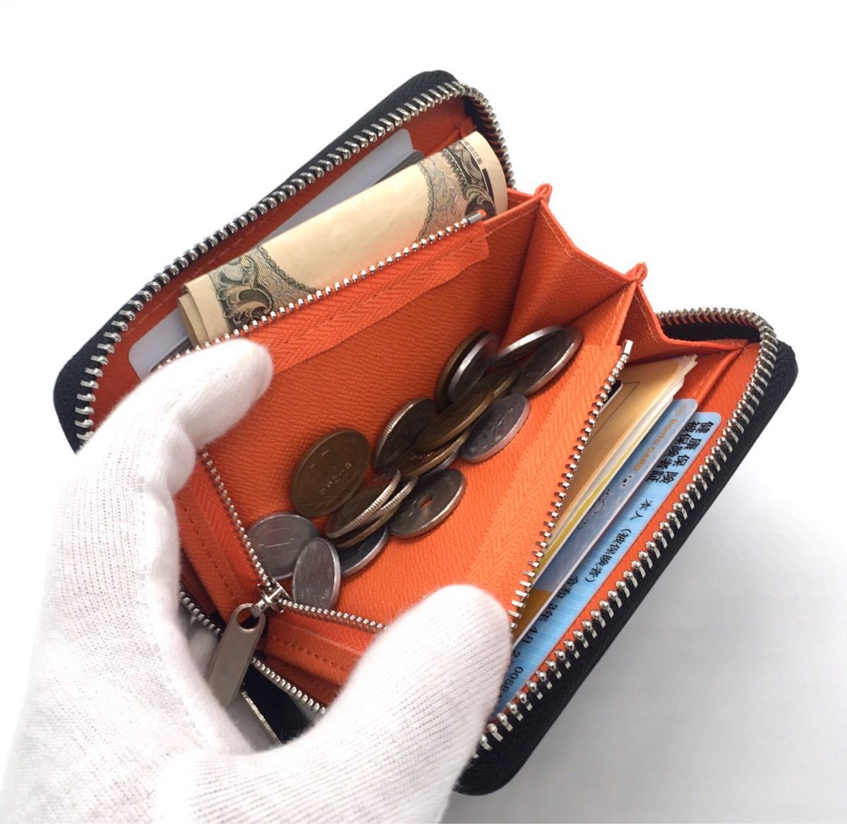 ミニ財布 コインケース カードケース 小銭入れ メンズ レディース 黒 橙 ラウンドファスナー コンパクト財布 ブラック