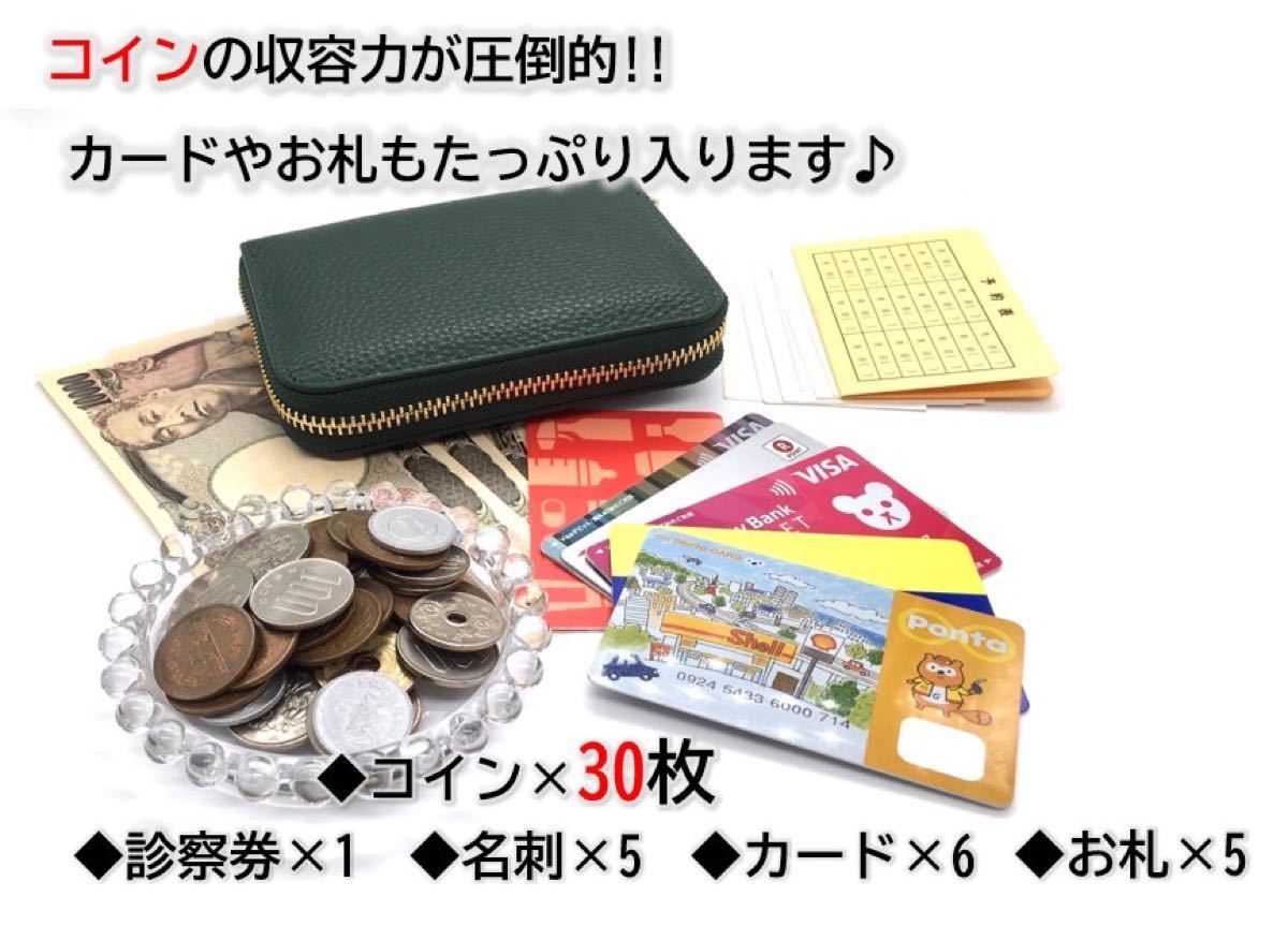 ＜大容量コンパクト財布＞ 本革緑 GOLDファスナー 内装：茶 ラウンドファスナー コインケース カードケース 小銭入れ