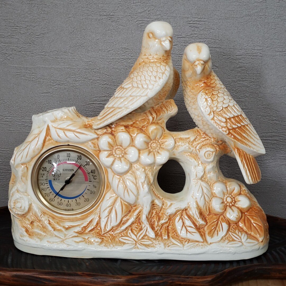 温湿度計　鳥の置物　陶器　インテリア　アンティーク　シチズン　日本　小鳥　レトロ　花　オブジェ　幅25cm　高さ21cm　[80a329]_画像2