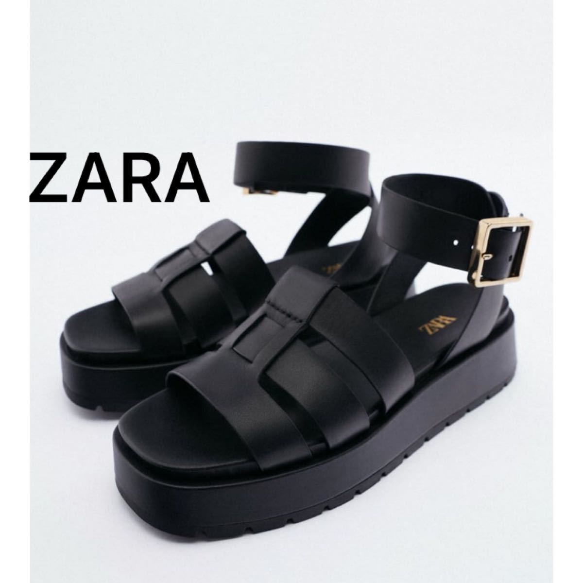 ZARA レザー サンダル グルカサンダル ブラック 24.6cm 38 本革 厚底 バックル コンフォート 新品 完売 ザラ 