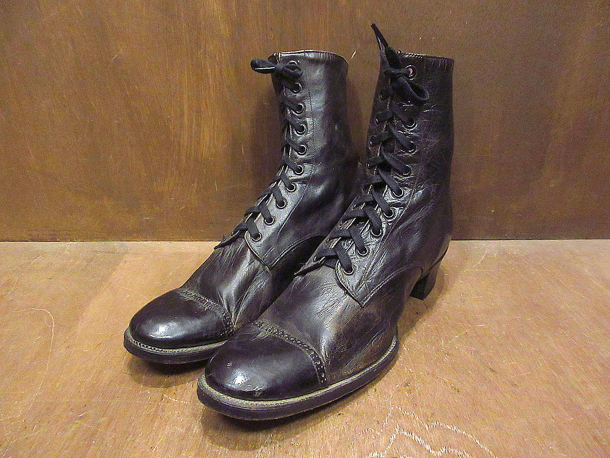 ビンテージ-30’s●レディースキャップトゥレースアップブーツ黒size 3 E●220611s3-w-bt-21cm 1910s1920s1930sアンティーク革靴