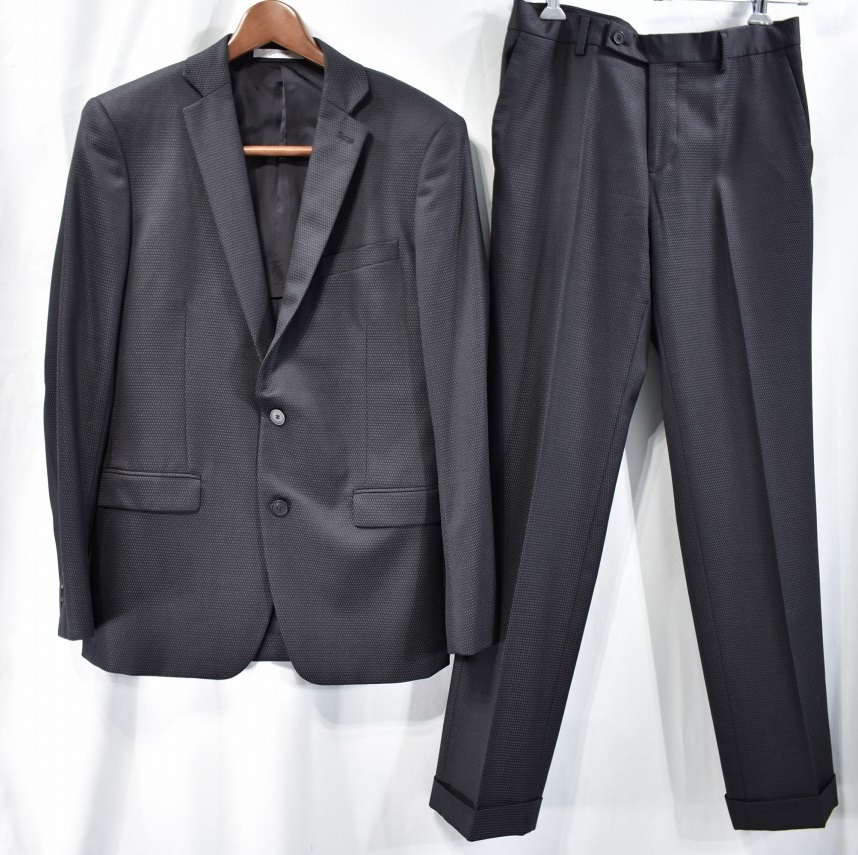 Calvin klein プラチナム】2B高級柄ウールスーツ黒灰38カルバン