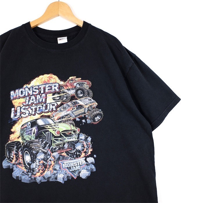 00's anvil クルーネック半袖両面プリントTシャツ メンズUS-2XLサイズ MONSTER JAM US.TOUR ブラック トラック 古着 ビンテージ t-2273n_画像1