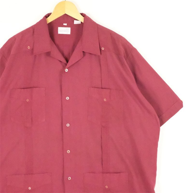 古着 大きいサイズ ヴィンテージ Guayabera 半袖開襟キューバシャツ アメカジ メンズUS-2XLサイズ 無地 赤 エンジ系 tn-1263n