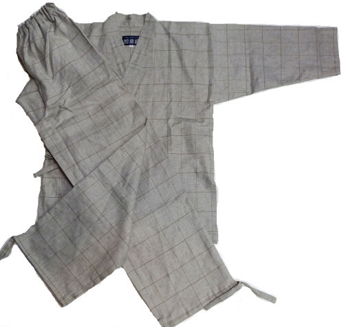 綿麻格子織作務衣（生成）　日本製