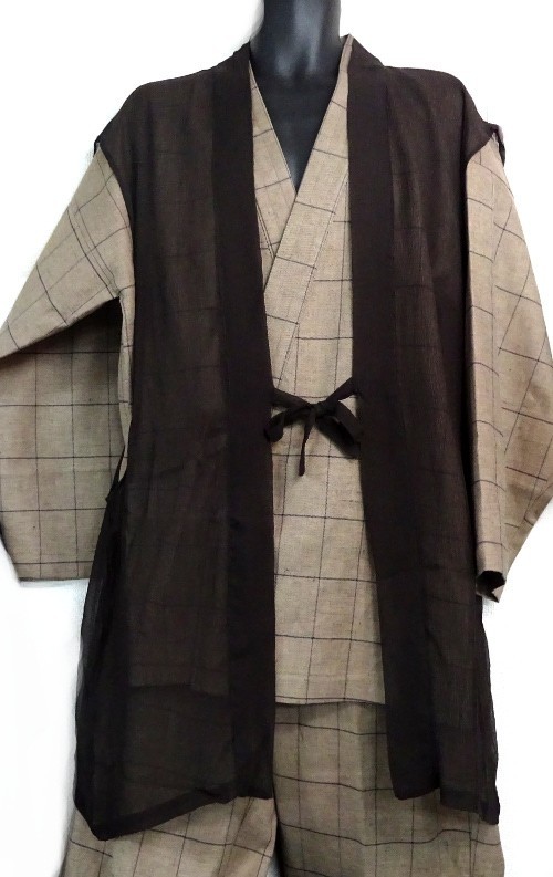 綿麻格子織作務衣（茶）　日本製_画像8