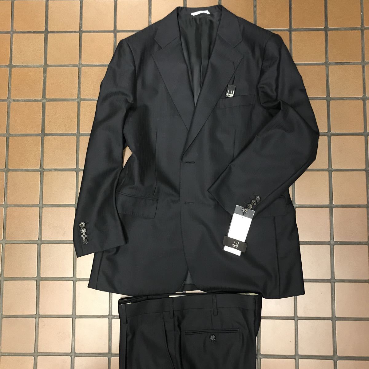 新品タグ付きdunhill order made2つボタンスーツセットアップビックサイズBB6 ダンヒル光沢のブラックシャドウストライプ日本製ウール100%