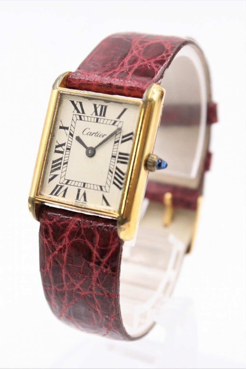 行董】 Cartier カルティエ マストタンク 18K GOLD ELECTROPLATED 白文字盤 手巻き 腕時計 レディース ビンテージ  AA883BOM05