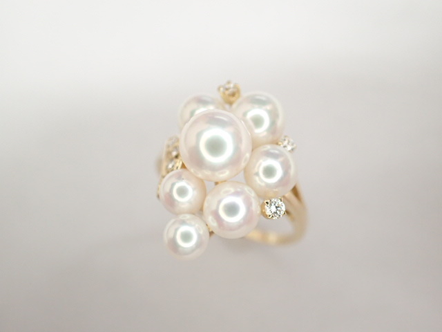 美品 ミキモト K18 真珠 パール約4.1-6.6mm珠 ダイヤ リング 指輪_画像1