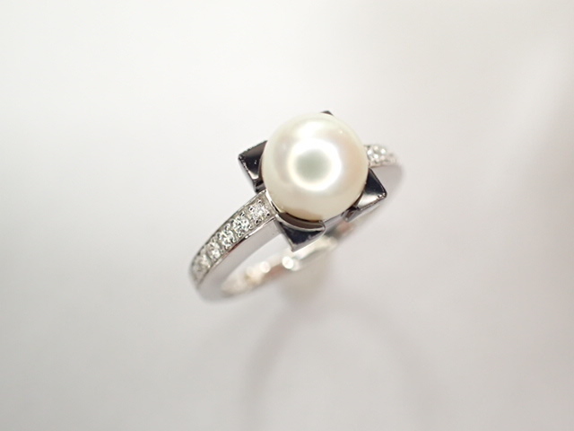 美品 ミキモト Pt950 真珠 パール約6.8mm珠 ダイヤ リング 指輪-