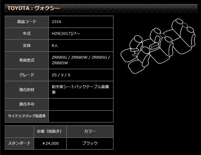 ★m LINE レザーシートカバー/スタンダード・ブラック(2316)★TOYOTA ヴォクシー(VOXY) ZRR80G/ZRR85G/ZRR80W/ZRR85W (H29/7～）_★適合内容