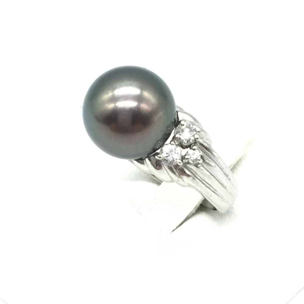 Pt900 11.1g プラチナ ブラックパールリング メレダイヤ 指輪 #51 11.5
