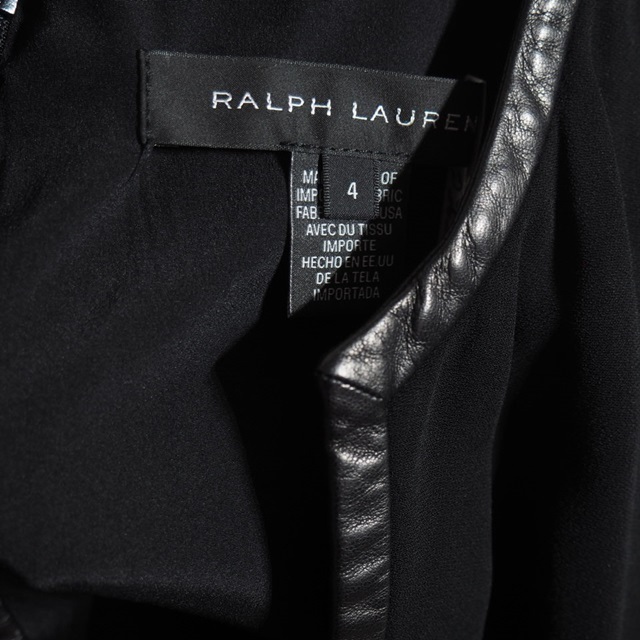 U7100f47　▼RALPH LAUREN BLACK LABEL ラルフローレン▼　USA製 レザーパイピング ストレッチ ワンピース ブラック 4 ジョーゼット 春～秋_画像4