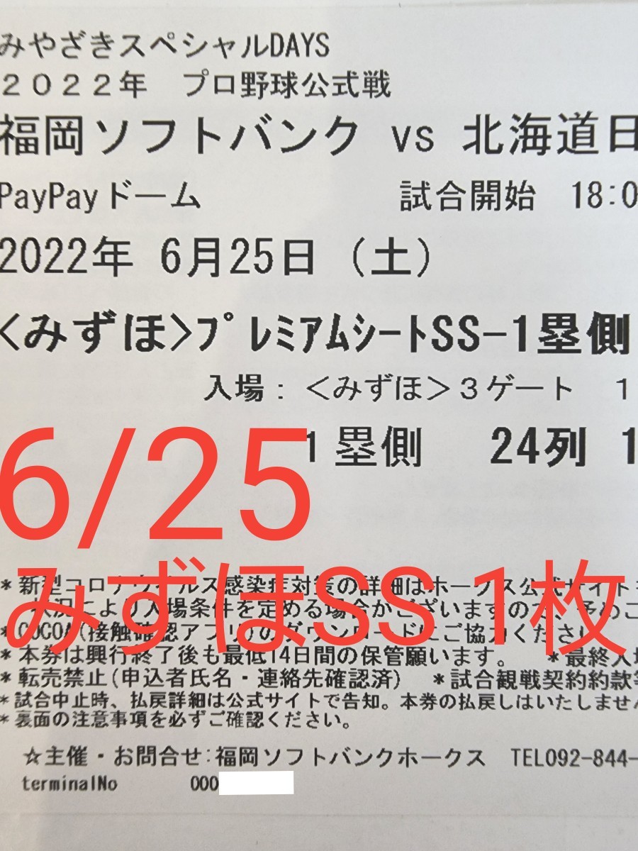 6/25(土)ホークス vs 日本ハム みずほプレミアムシートSS 1塁側 24列 