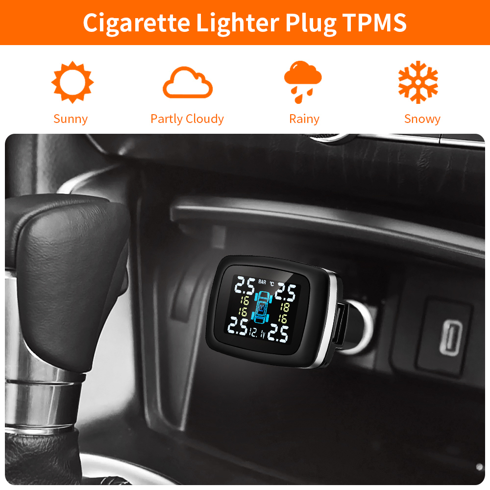  car tire empty atmospheric pressure monitoring system chigar lighter plug TPMS liquid crystal display waterproof 4 external sensor USB charge 