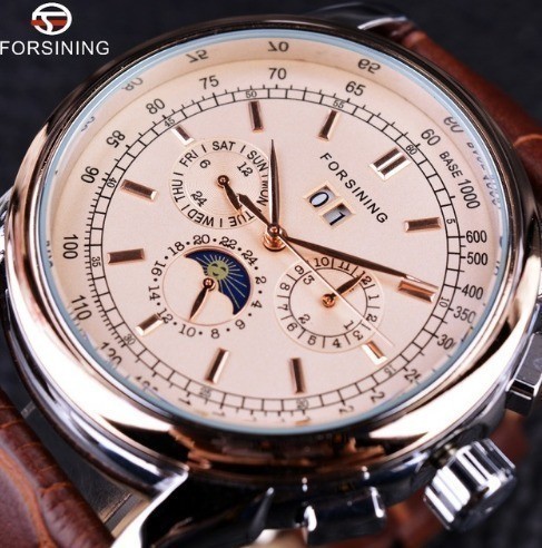 ムーブメントローズゴールドケースブラウン革ストラップメンズウォッチトップブランドの高級腕時計Auotmatic