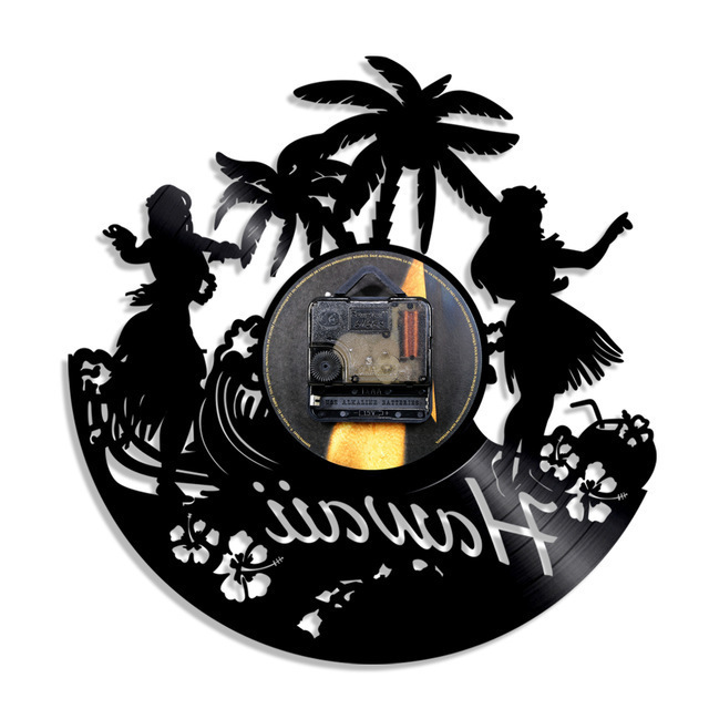 30cm レコード盤 壁掛け時計 ハワイ フラダンス ヤシの木 ハイビスカス ビーチ インテリア ディスプレイ シルエット 輸入雑貨_画像6