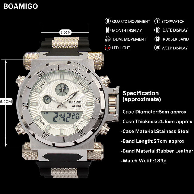 BOAMIGOブランドの男性軍スポーツは大きな顔デュアルタイムクォーツデジタル腕時計ラバーバンド腕時計のrelogioのmasculino時計_画像2