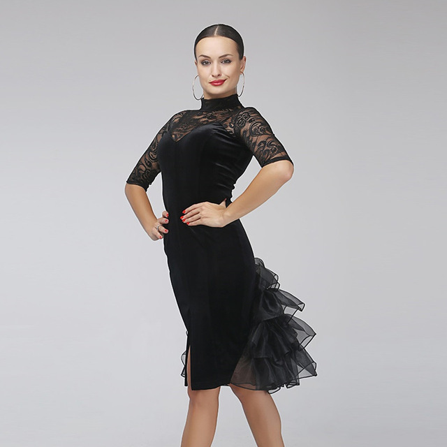 レース袖 ラテン サルサ ダンスドレス 女性 タンゴドレス社交ダンス ドレス衣装 スカート　黒