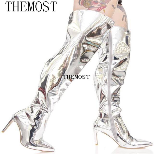  knee-high over knee metallic pa tent leather super long boots high heel black reverse side nappy 