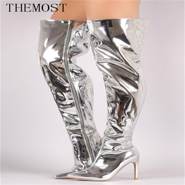  knee-high over knee metallic pa tent leather super long boots high heel black reverse side nappy 