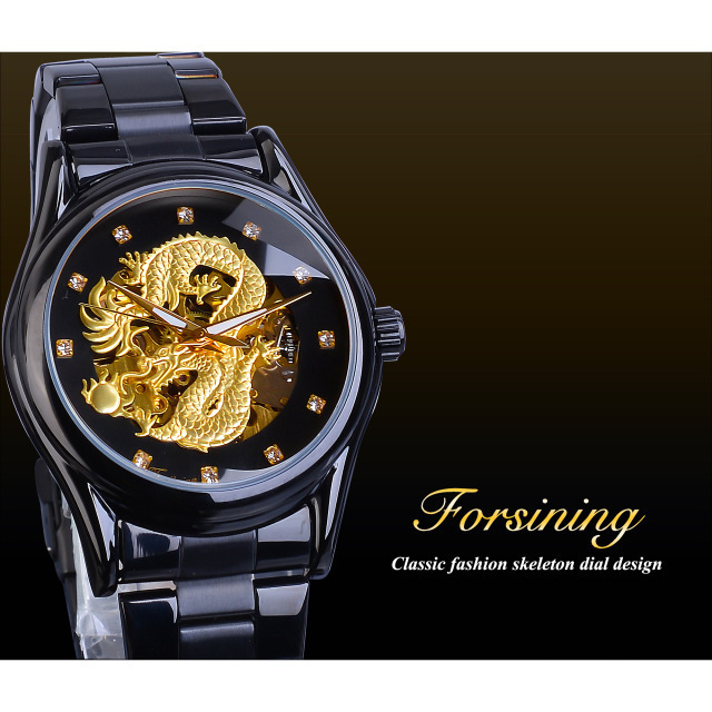スケルトン 機械式 腕時計 日本未発売 メンズ 高級 ブラック ゴールド ダイヤモンド風 ドラゴン ルミナスハンズ_画像6