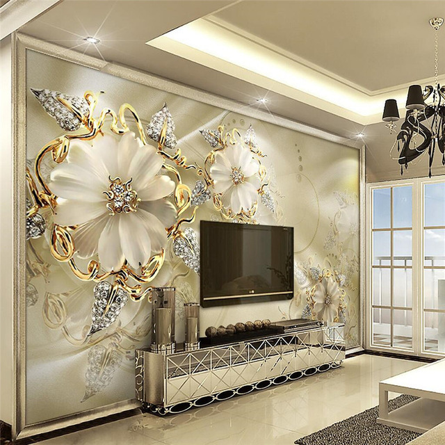 カスタム 3D壁画壁紙 ヨーロッパスタイル ダイヤモンドジュエリー 黄金の花の背景 リビングルーム_画像1