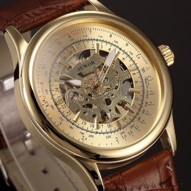 自動機械式腕時計 メンズ SEWOR トップブランドゴールドレザー メンズ腕時計スケルトンウォッチレロジオマスクリノ腕時計_画像6